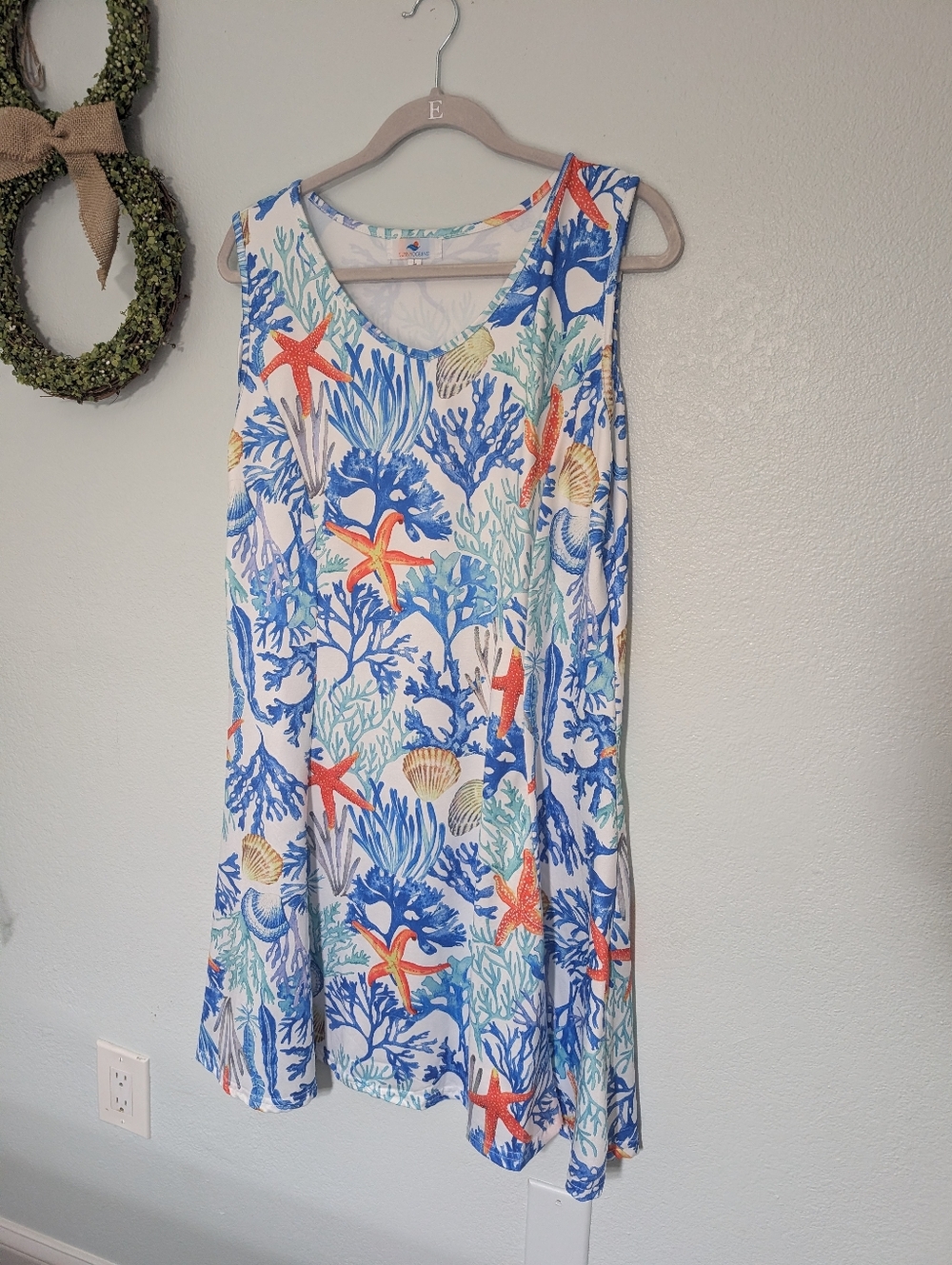 Sleeveless Ocean Print Tank Dress in Blue, Orange, Green Starfish And Corals